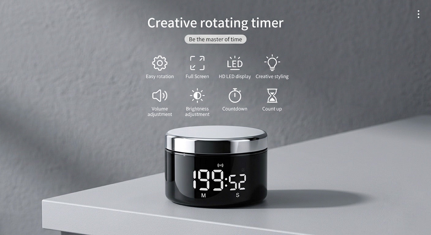 LED Full Screen Rotating Timer with anti Slip Pad Desktop Kitchen Reminder Cooking Fitness Learning Countdown Timer