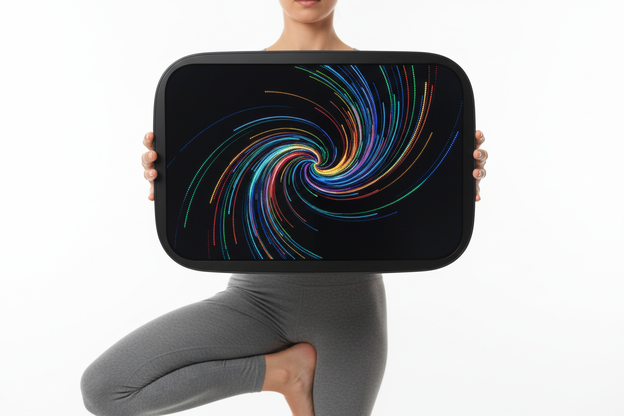 Un miniteur rotatif à écran LED de couleur noir un peu ovale dans les mains  d’une adepte de Yoga sur fond blanc 